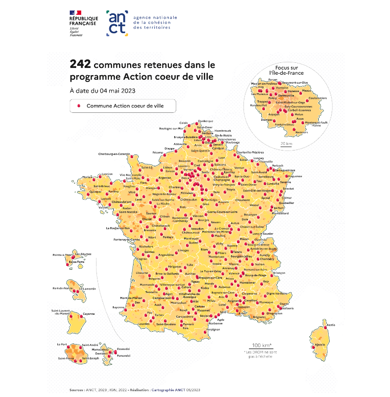 Carte des communes éligibles au dispositif Cœur de Ville en 2023.